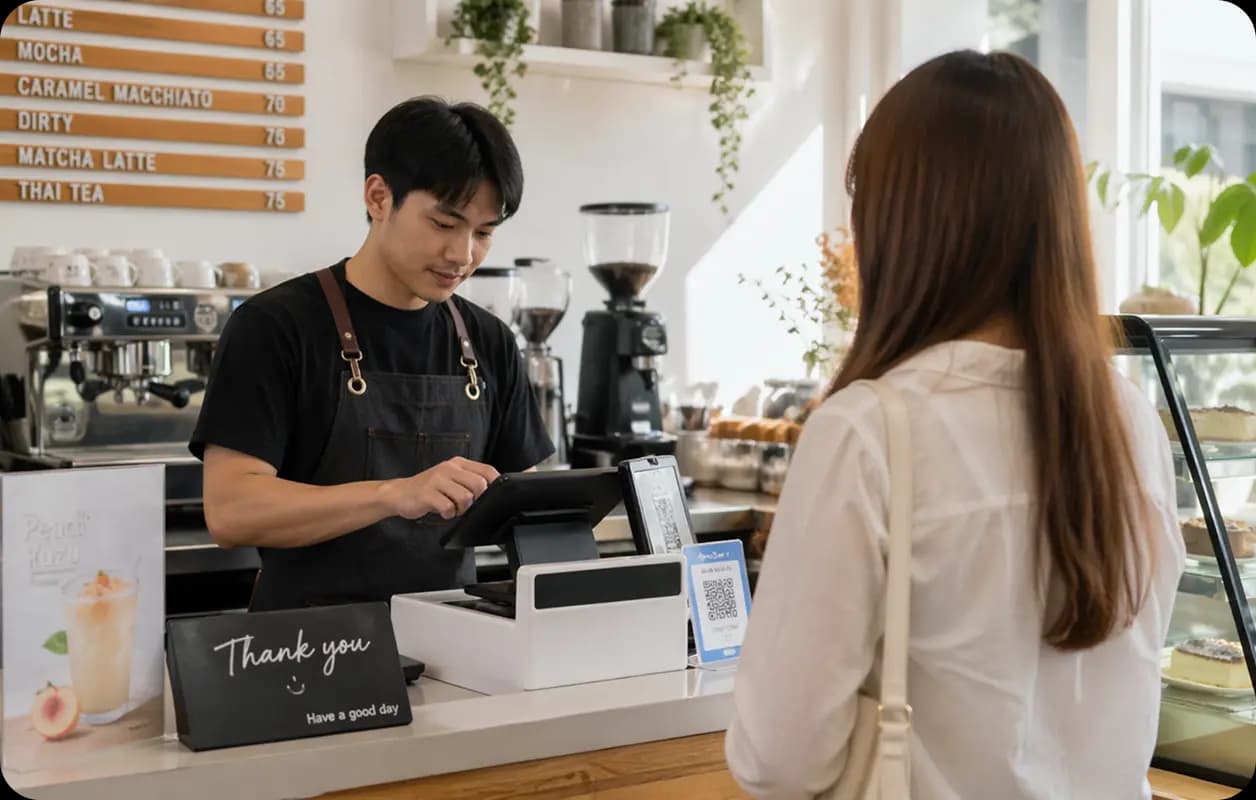 Cafe staff using JelloDucks POS at the counter
