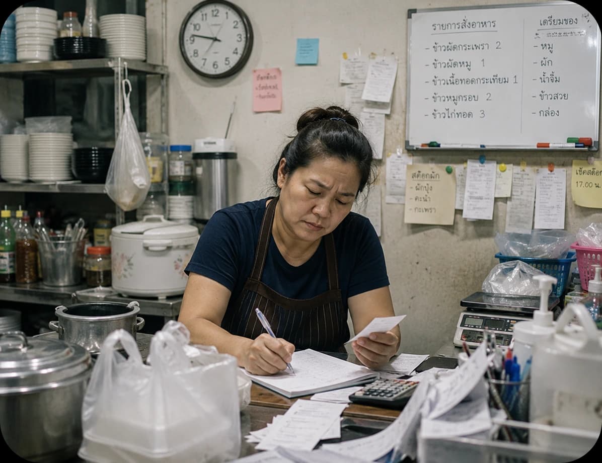 เจ้าของร้านจดออเดอร์ลงสมุดด้วยมือ ข้างเครื่องคิดเลขและใบเสร็จที่กองอยู่เต็มโต๊ะ