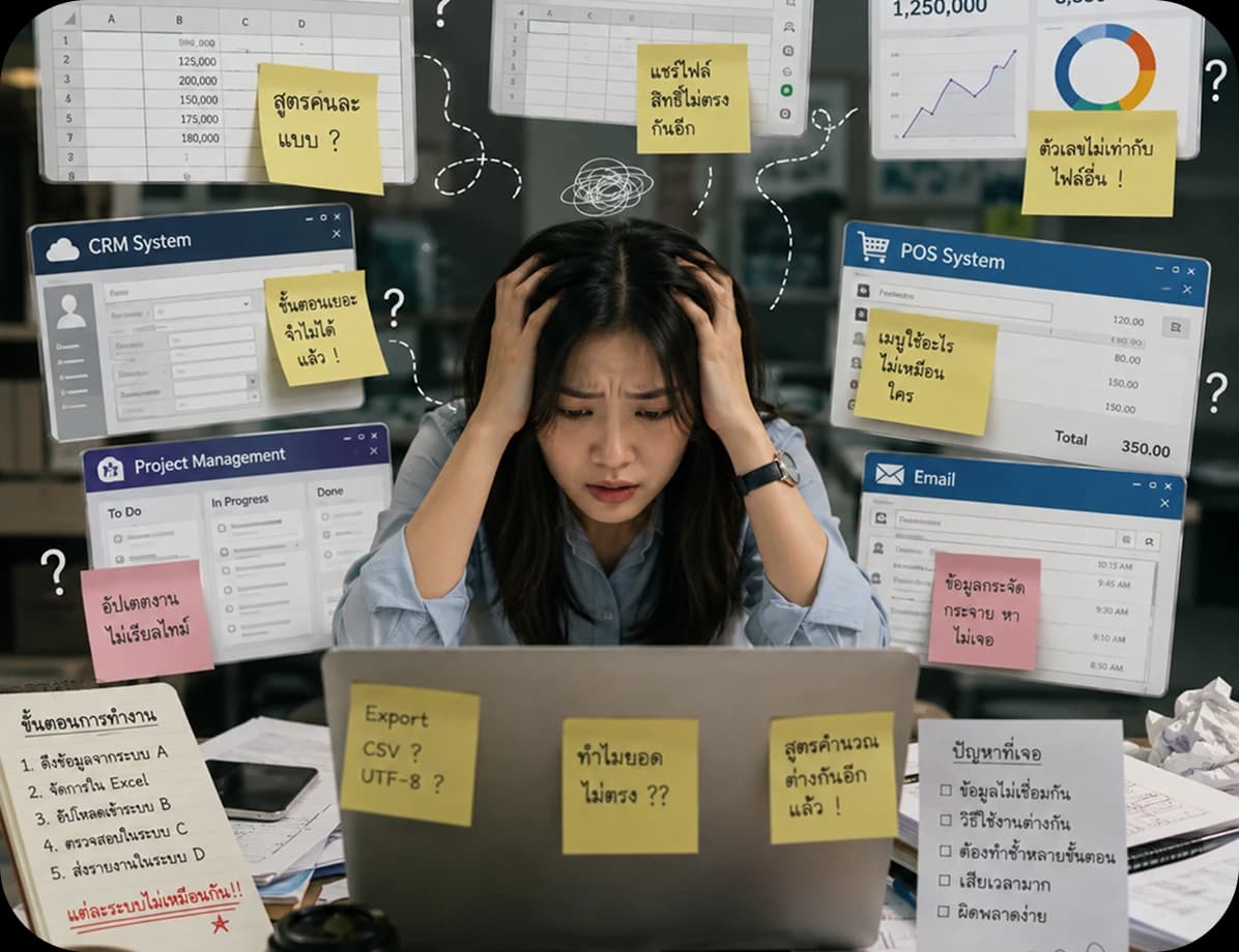 พนักงานกุมหัวอยู่หน้าจอที่เต็มไปด้วยหน้าต่าง POS, CRM, Excel และอีเมลที่ข้อมูลไม่เชื่อมถึงกัน